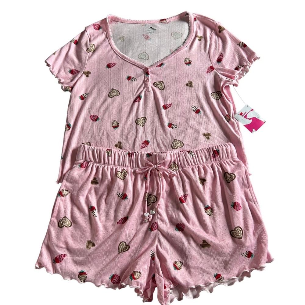 Way To Celebrate Two Piece Pajama Set Womens Size Medium Pink Strawberry Pajamas
